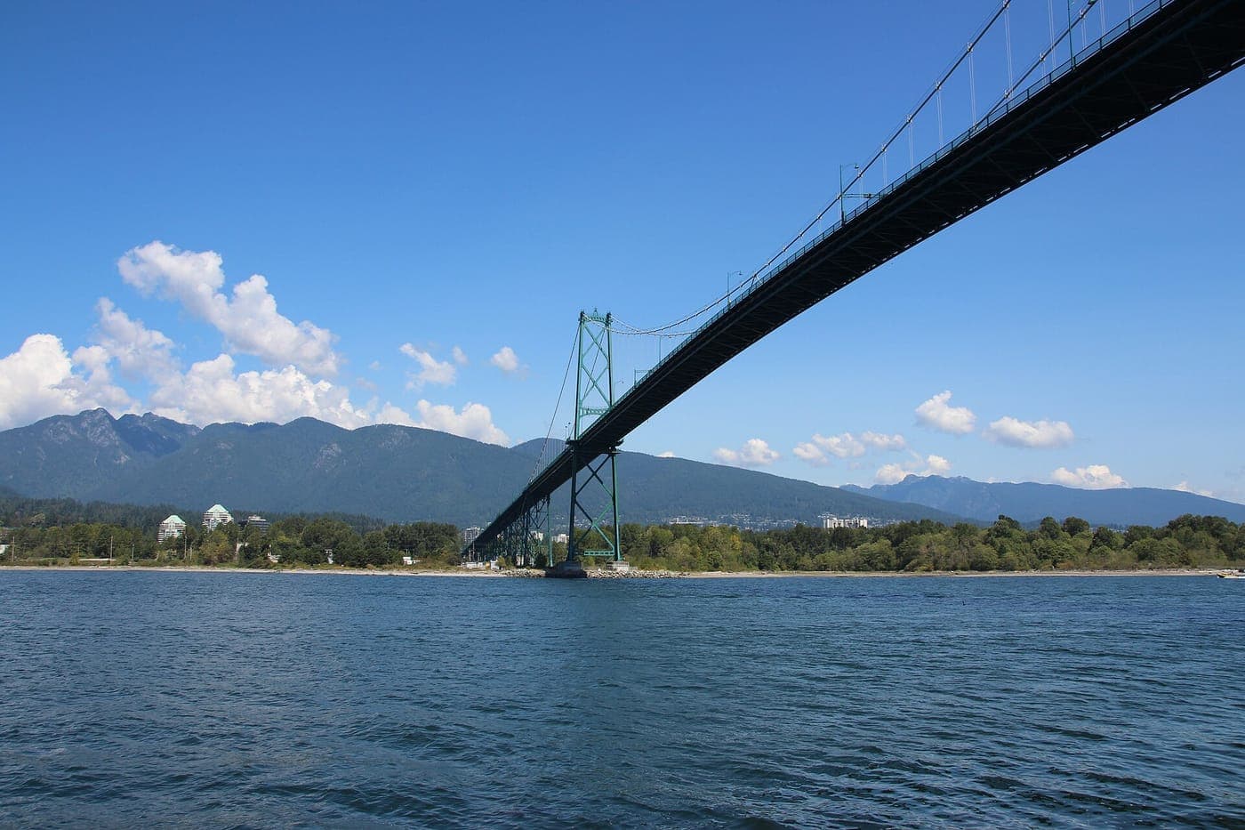 Lions Gate Bridge with its green towers spanning the blue waters of Burrard Inlet toward the forested North Shore mountains under a bright blue sky with scattered clouds