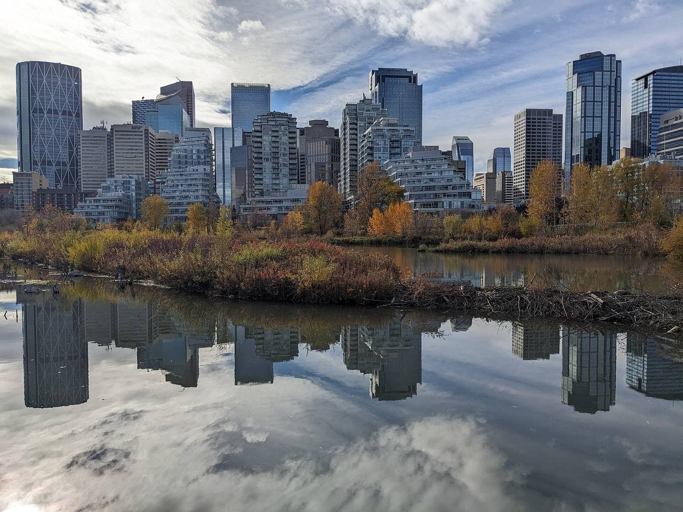 Calgary's downtown towers and riverfront condominiums reflected in a still channel of the Bow River, framed by golden autumn trees and riverbank brush.