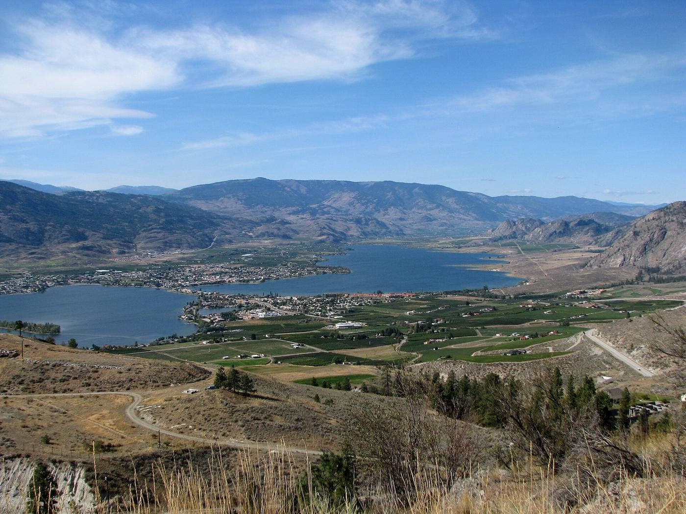 A blue lake winds through a dry Okanagan valley, with a small town on the shoreline and green orchard and vineyard blocks spread across the benchland below brown hills.