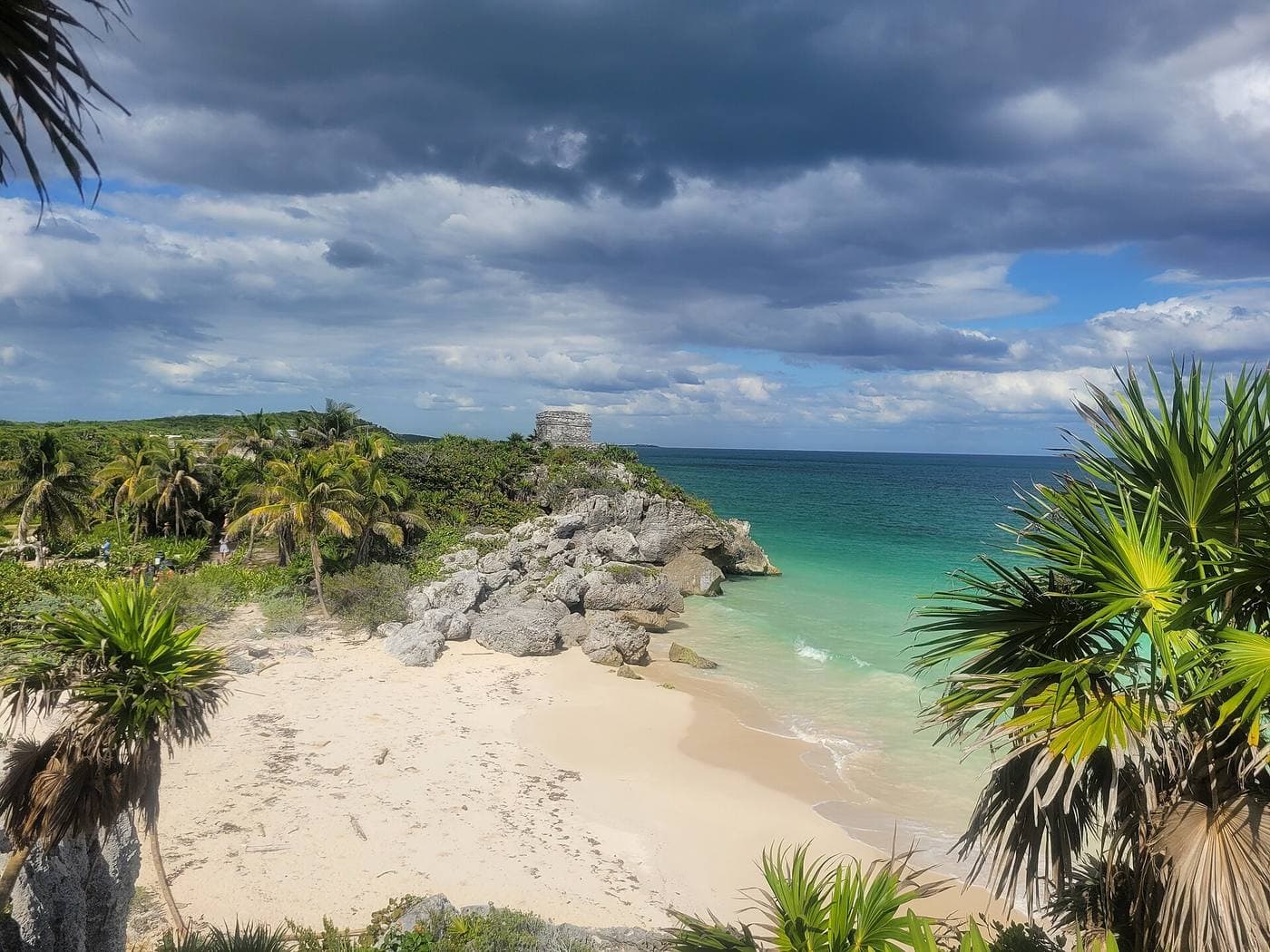 The rocky Caribbean coast at Tulum, palms and low cliffs above a turquoise sea.