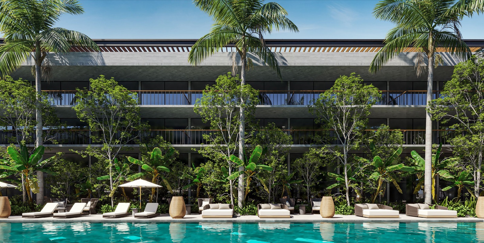 Three-storey facade rising behind the pool deck and tropical gardens (render, 2844x1427 — brochure p11)
