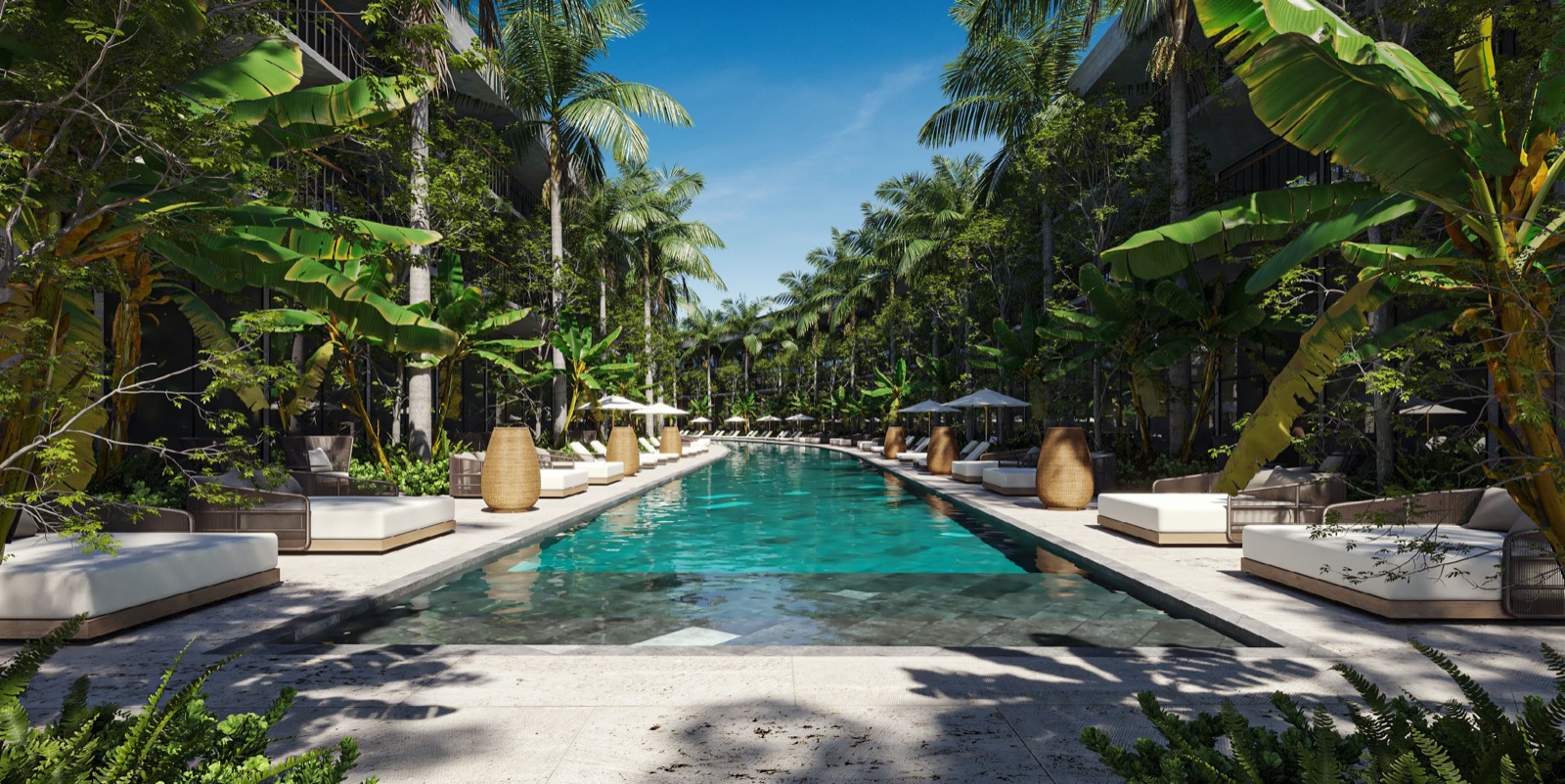 Courtyard pool corridor framed by banana palms and daybeds (render, 2845x1427 — brochure p6)
