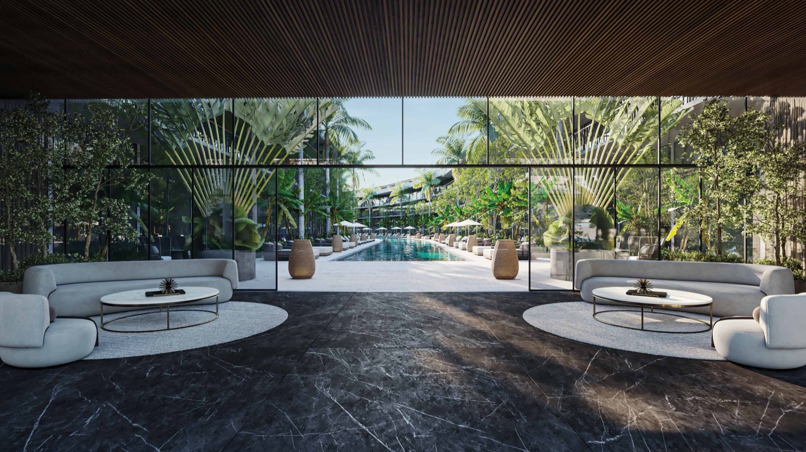 Marble-floored residents' lounge opening through glass walls to the pool gardens (render, 3201x1800 — fact sheet p2)