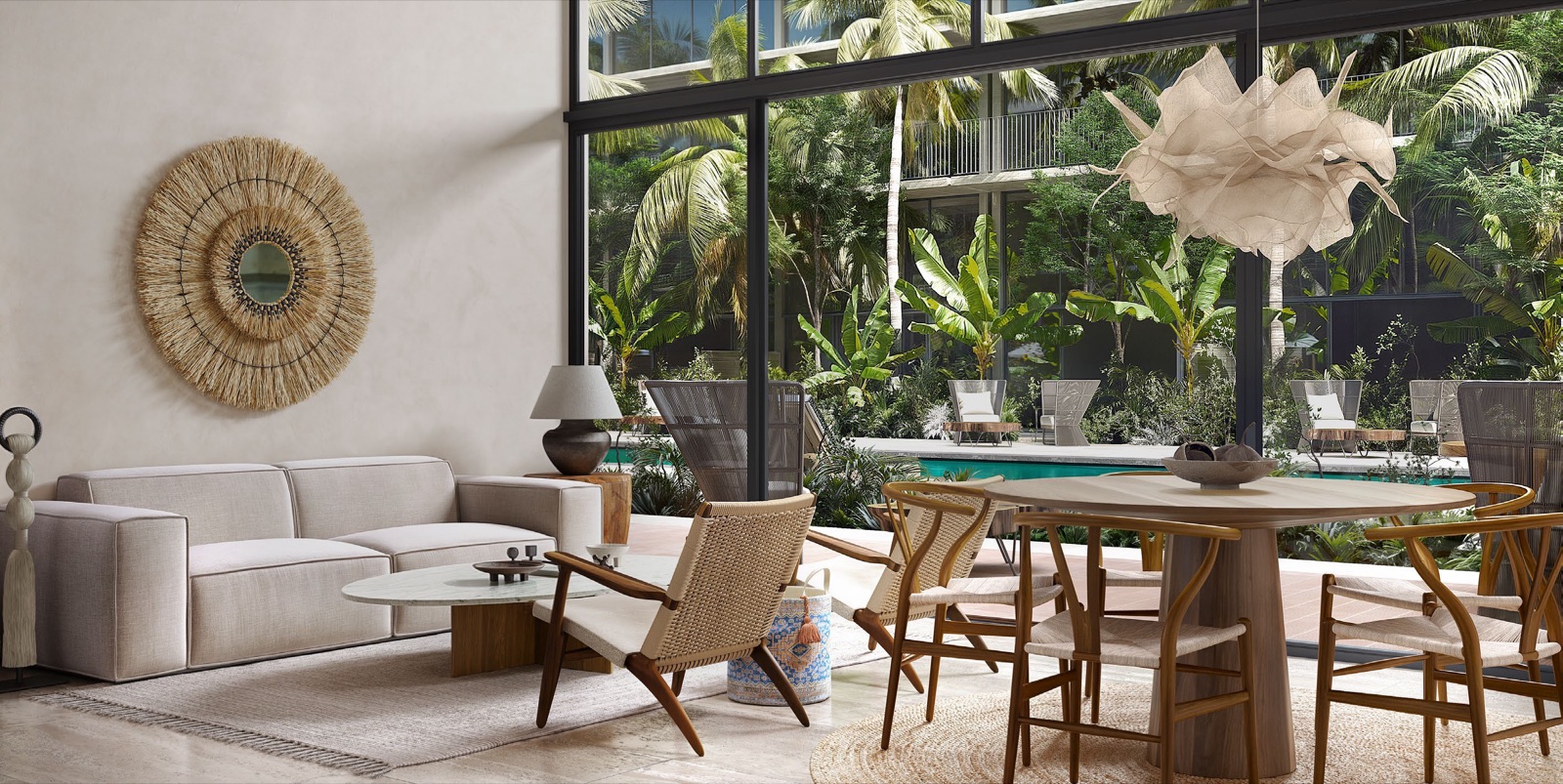 Light-filled living and dining space with woven accents and pool view (render, 2844x1427 — brochure p12)