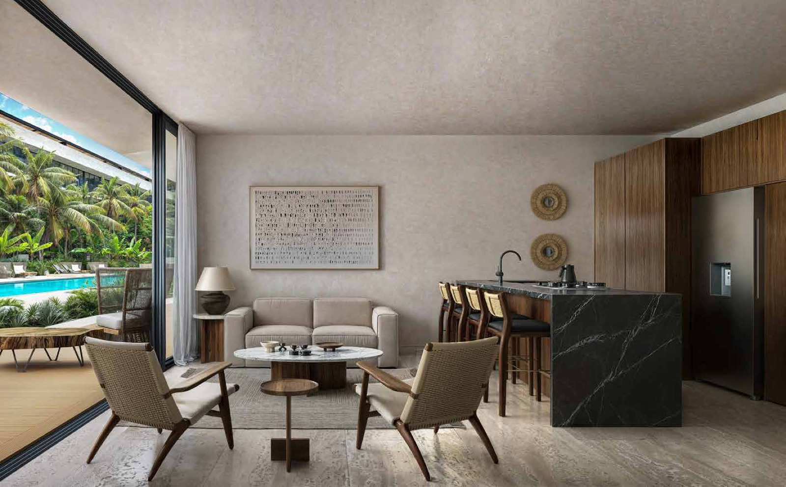 Residence interior — open kitchen with stone island and sitting area onto the terrace (render, 1425x884 — fact sheet p1)