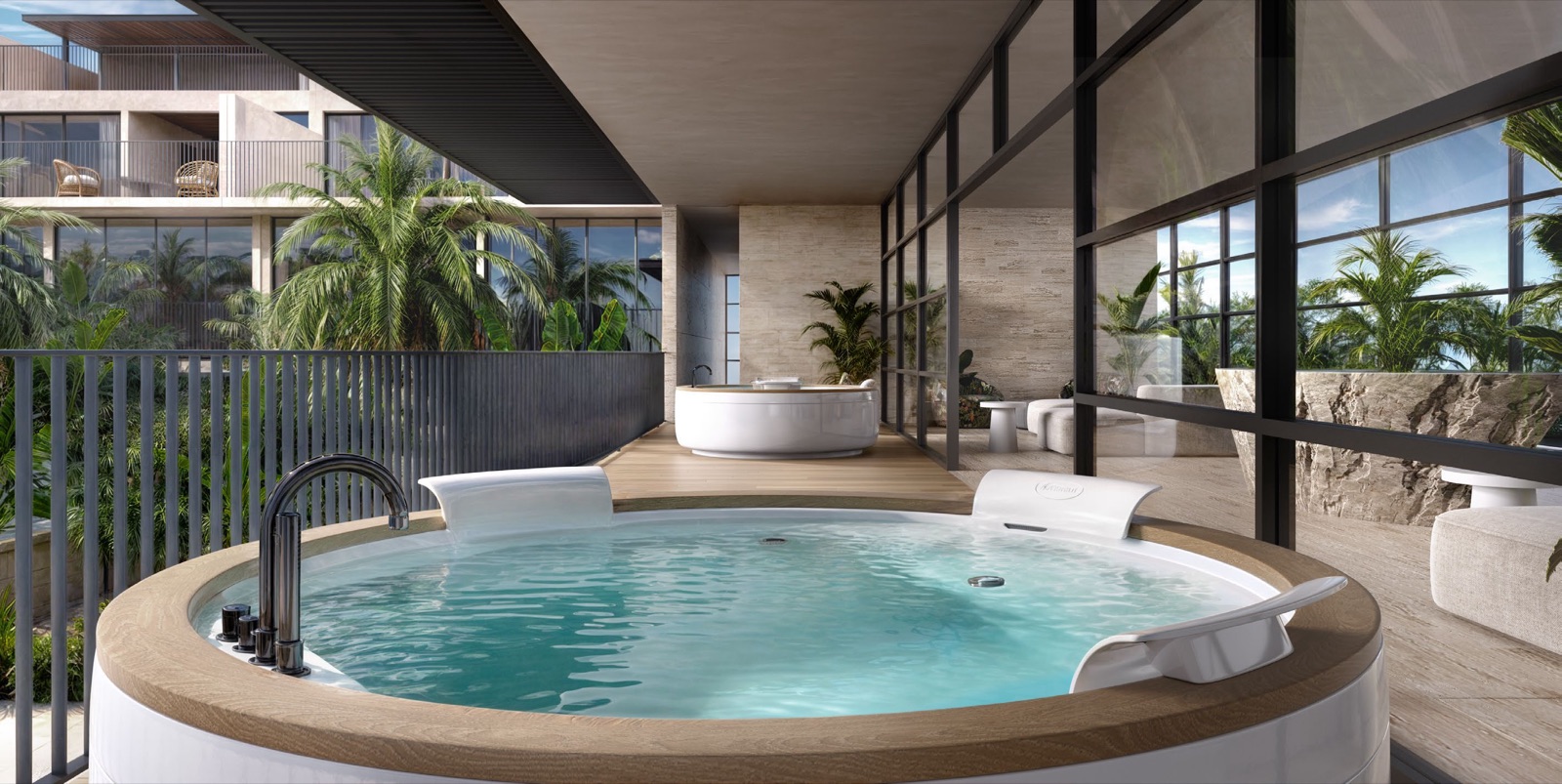 Jacuzzi wellness terrace beside floor-to-ceiling glass (render, 2844x1427 — brochure p13)