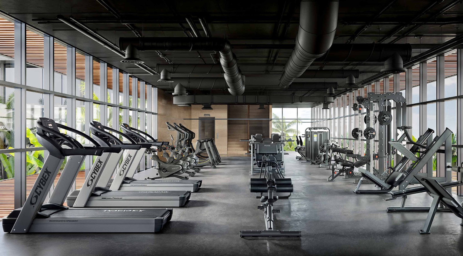 Fully equipped gym with jungle outlook through glazed walls (render, 3081x1708 — fact sheet p2)