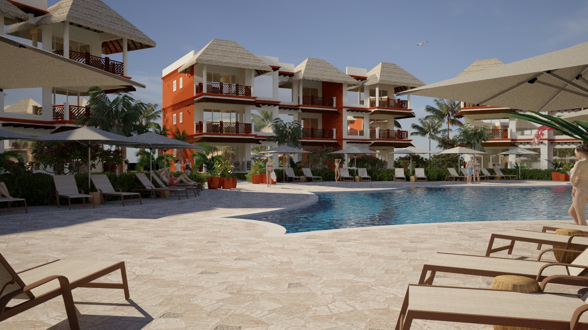 Rendering of the Pool #7 deck at Botanica — loungers, umbrellas and the three-storey residences