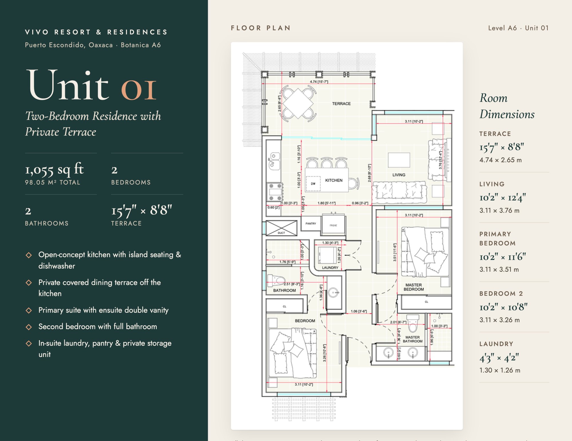 Botanica A6 Unit 01 — two-bedroom, two-bathroom residence with private terrace (approx. 1,055 sq ft)