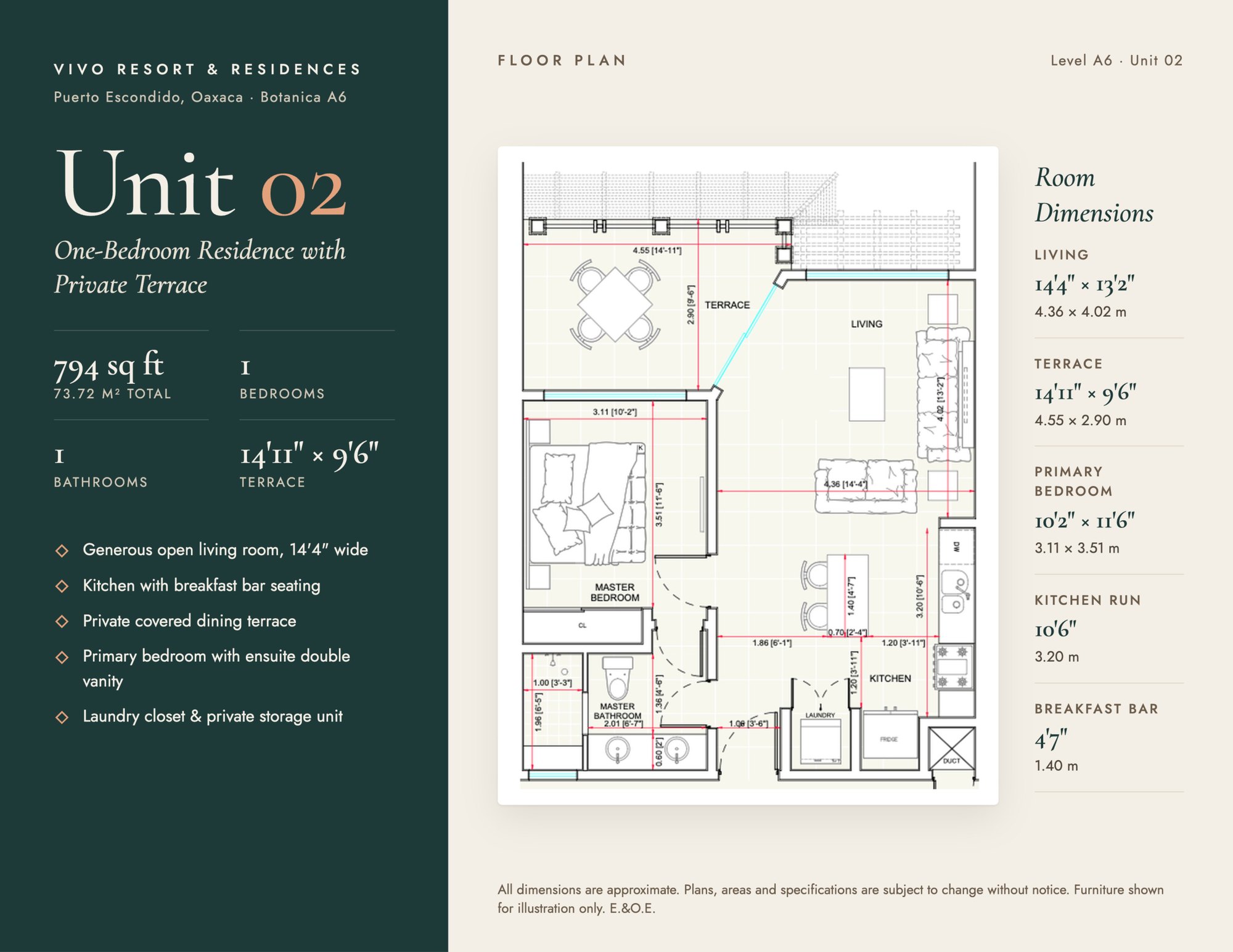 Botanica A6 Unit 02 — one-bedroom, one-bathroom residence with private terrace (approx. 794 sq ft)
