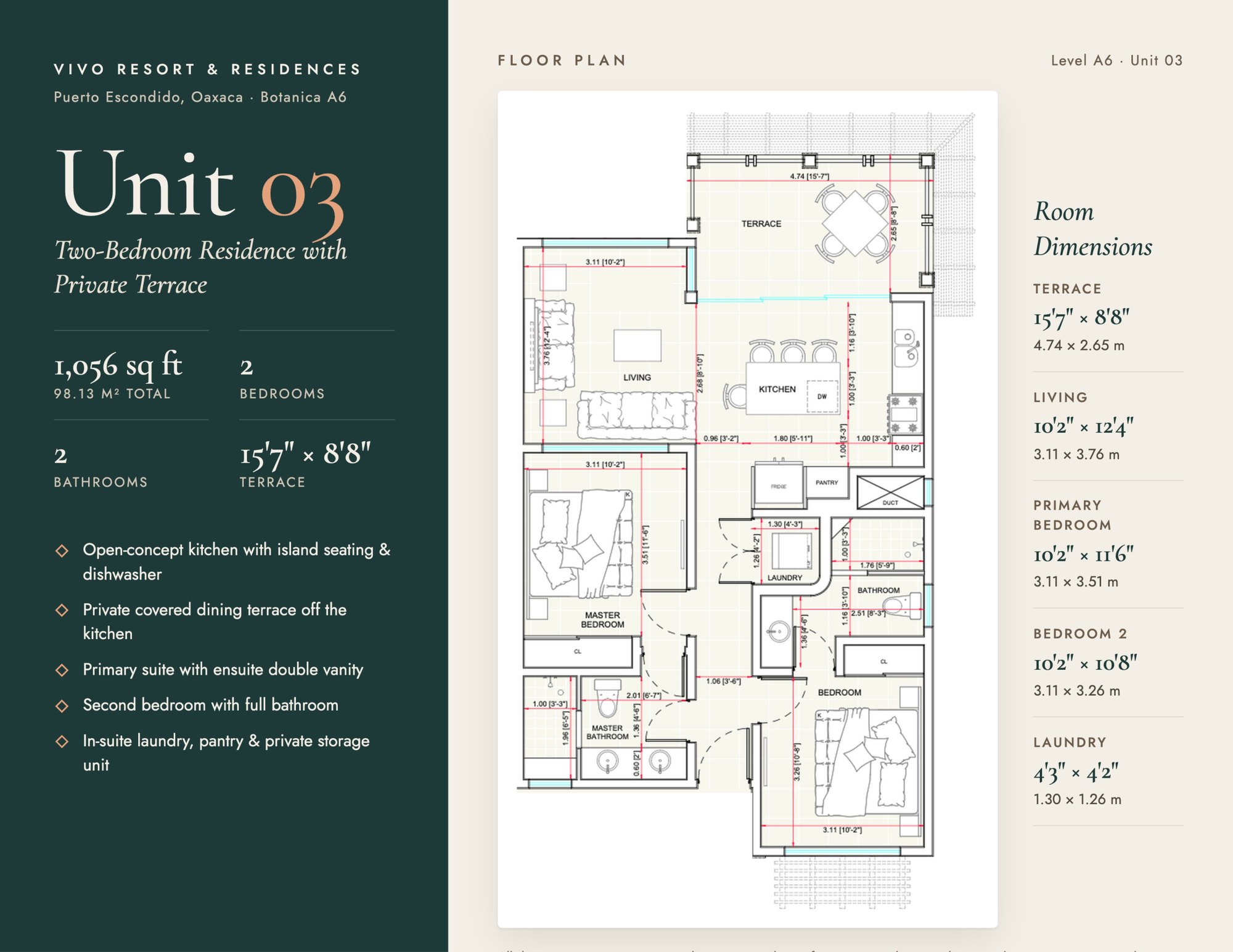 Botanica A6 Unit 03 — two-bedroom, two-bathroom residence with private terrace (approx. 1,056 sq ft)