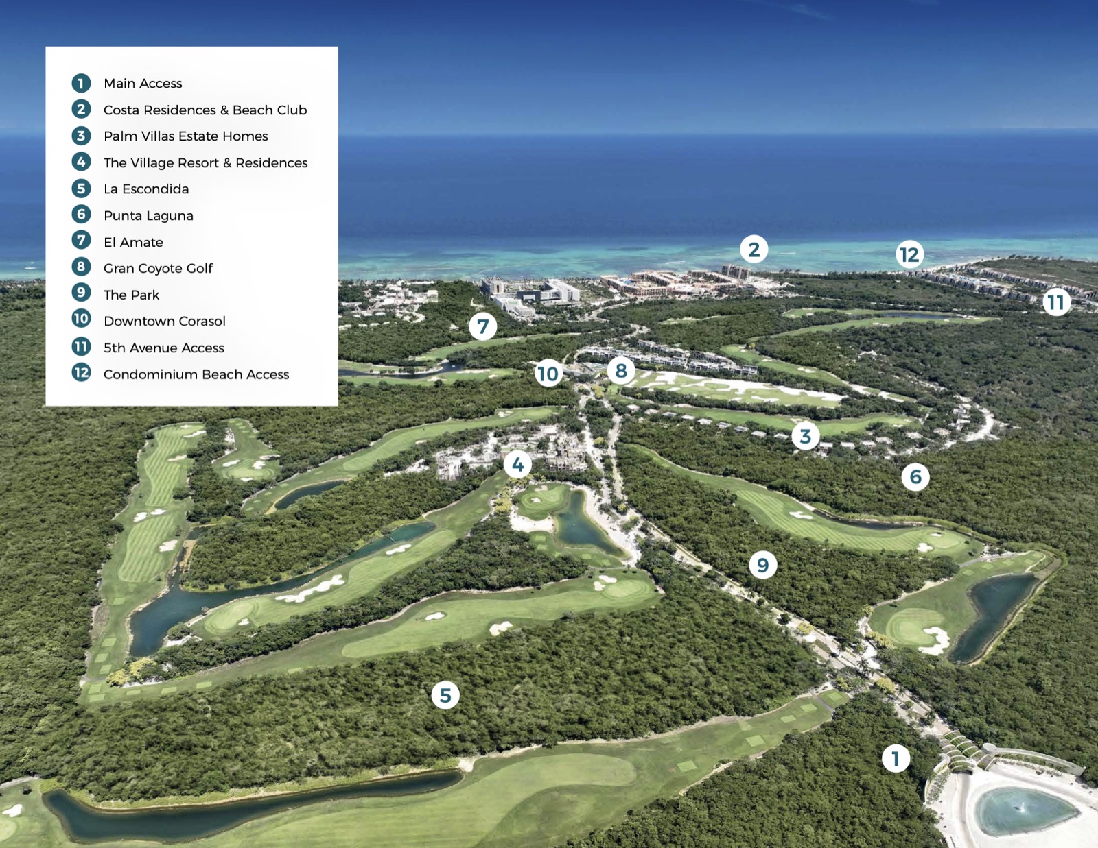Corasol community masterplan map showing all collections, golf and beach access (1684x1302 — illustration, use in masterplan/location section, not gallery)